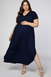 Navy Blue Empire Waist Side Slit Maternity Plus Maxi Dress