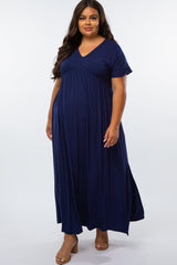 Navy Blue Empire Waist Side Slit Maternity Plus Maxi Dress