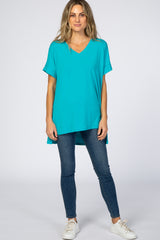 Turquoise V-Neck Cuffed Short Sleeve Top