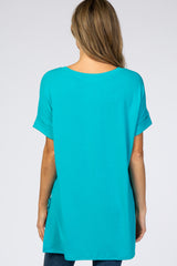 Turquoise V-Neck Cuffed Short Sleeve Top