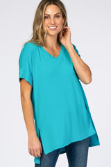 Turquoise V-Neck Cuffed Short Sleeve Top