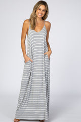 Heather Grey Striped Cami Strap Maternity Maxi Dress