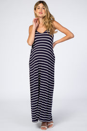 Navy Striped Cami Strap Maternity Maxi Dress