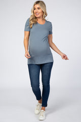 Silver Crew Neck Short Sleeve Maternity Top