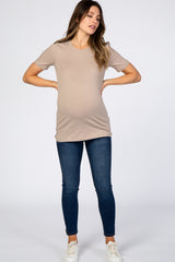 Taupe Crew Neck Short Sleeve Maternity Top