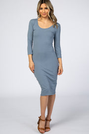 Blue Grey 3/4 Sleeve Fitted Dress