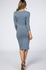 Blue Grey 3/4 Sleeve Fitted Dress