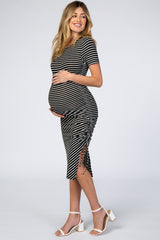 Black Striped Side Ruched Maternity Midi Dress