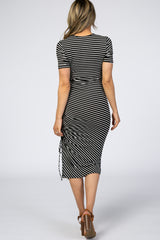 Black Striped Side Ruched Midi Dress