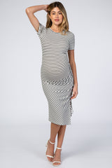 Ivory Striped Side Ruched Maternity Midi Dress