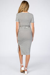 Ivory Striped Side Ruched Maternity Midi Dress