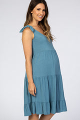 Blue Tiered Tie Sleeve Maternity Dress