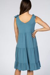 Blue Tiered Tie Sleeve Maternity Dress