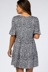 Black Animal Print Ruffle Sleeve Maternity Dress