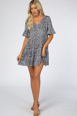 Black Animal Print Ruffle Sleeve Maternity Dress