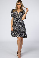 Navy Blue Floral Button Front Maternity Dress