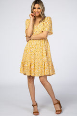 Yellow Floral Button Front Maternity Dress