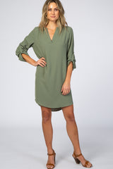 Olive Solid V-Neck 3/4 Sleeve Dress