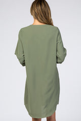 Olive Solid V-Neck 3/4 Sleeve Dress