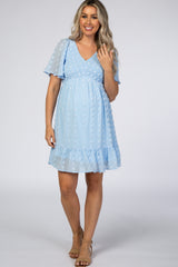 Light Blue Swiss Dot Smocked Maternity Dress