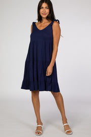 Navy Blue Tiered Tie Sleeve Dress