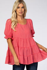 Pink Chiffon Dotted Tiered Bubble Sleeve Maternity Top