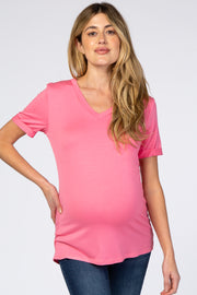 Pink V-Neck Cuff Sleeve Maternity Top