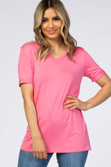 Pink V-Neck Cuff Sleeve Top