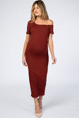 Burgundy Ribbed One Shoulder Fitted Maternity Dress