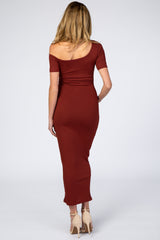 Burgundy Ribbed One Shoulder Fitted Maternity Dress