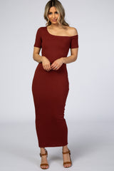 Burgundy Ribbed One Shoulder Fitted Dress