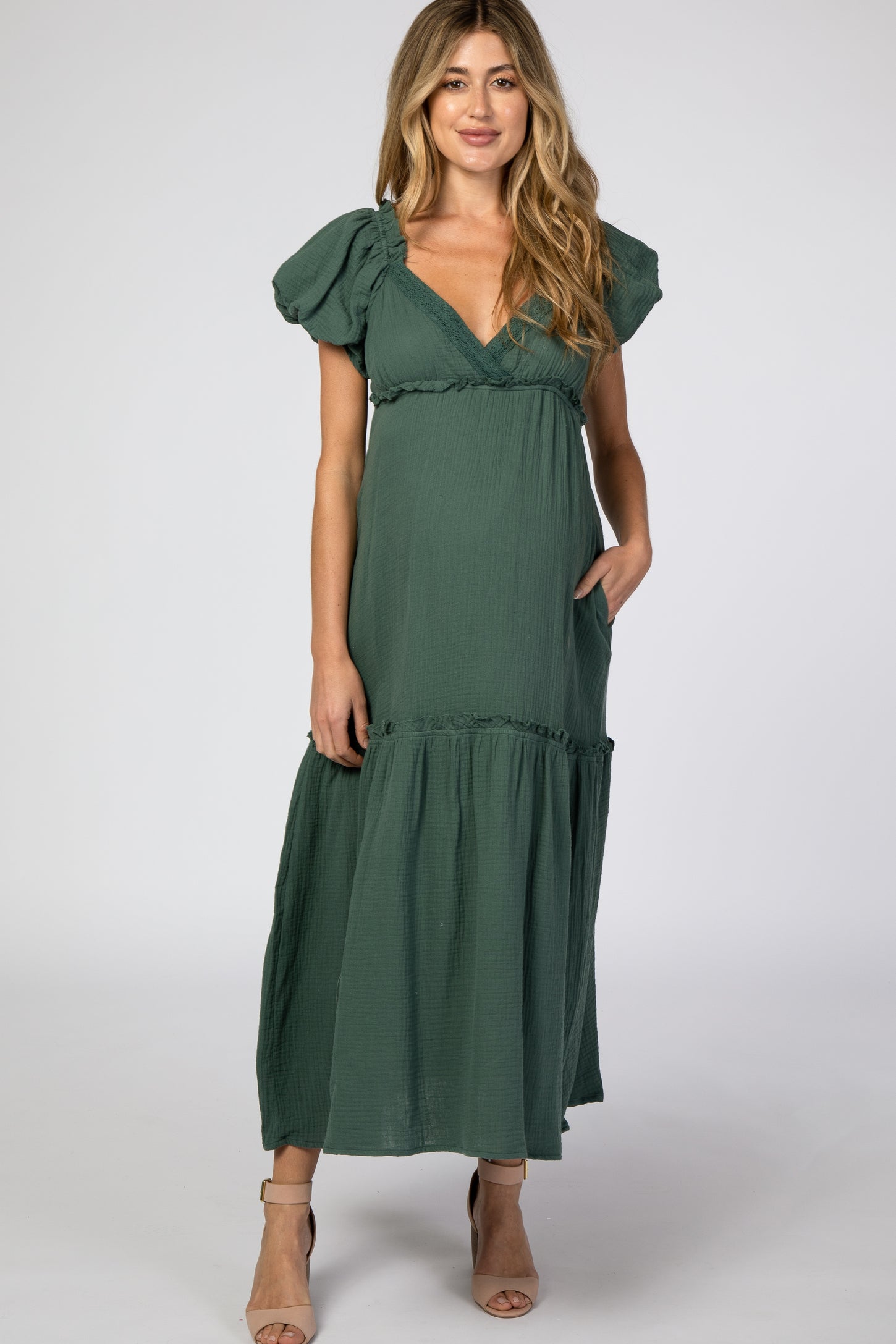 Forest Green Crochet Trim Ruffle Tiered Maternity Maxi Dress– PinkBlush