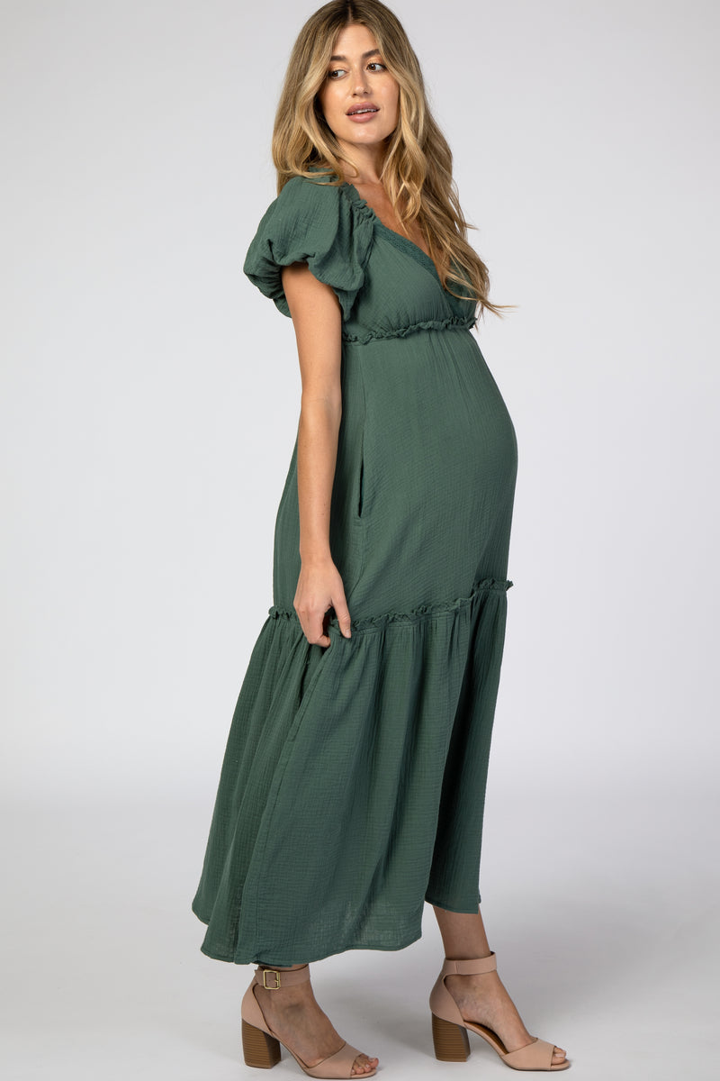 Forest Green Crochet Trim Ruffle Tiered Maternity Maxi Dress– PinkBlush