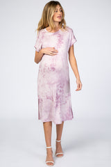 Lavender Tie Dye Short Sleeve Maternity Midi Dress