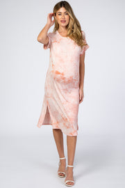 Peach Tie Dye Short Sleeve Maternity Midi Dress