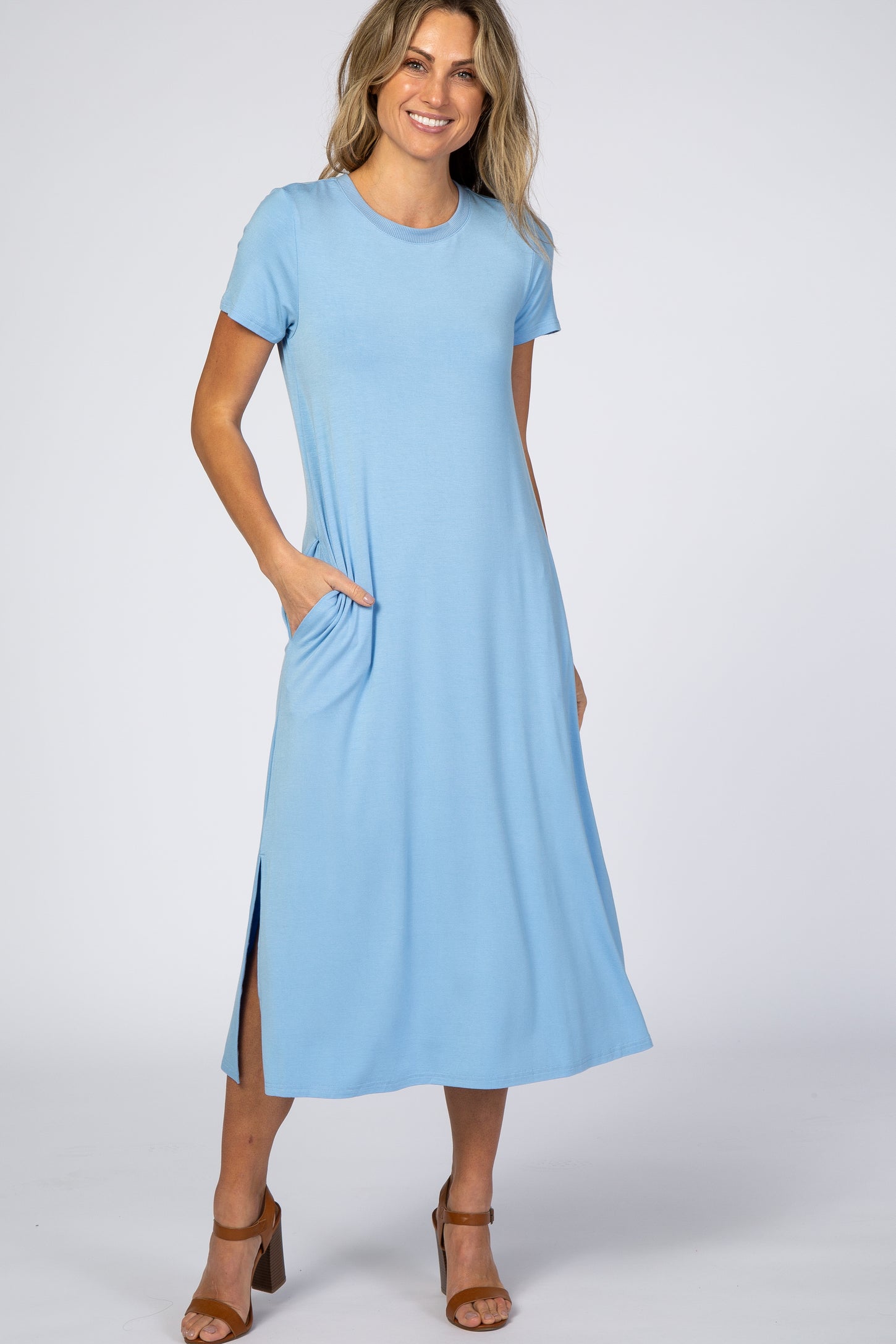 Light Blue Side Slit Maternity Midi Dress– PinkBlush