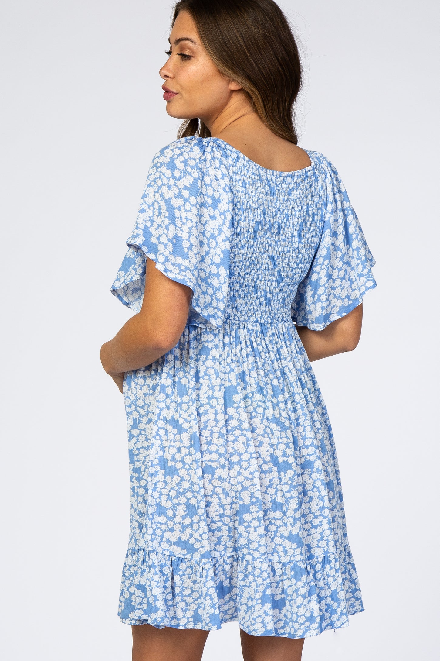 Blue Floral Smocked Ruffle Maternity Dress– PinkBlush
