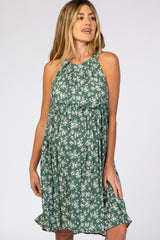 Green Floral Ruffle Waist Halter Maternity Dress