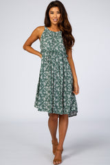 Green Floral Ruffle Waist Halter Dress