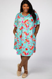 Aqua Floral Printed Plus Dress