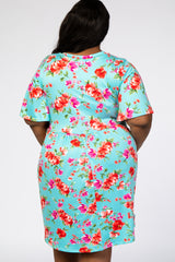 Aqua Floral Printed Plus Dress