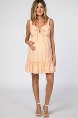 Orange Checkered Sweetheart Neck Front Tie Maternity Dress