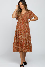 Rust Floral Smocked V-Neck Maternity Midi Dress