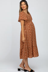 Rust Floral Smocked V-Neck Maternity Midi Dress