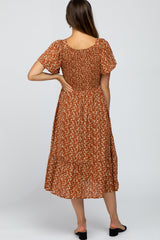 Rust Floral Smocked V-Neck Maternity Midi Dress