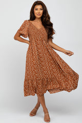 Rust Floral Smocked V-Neck Maternity Midi Dress