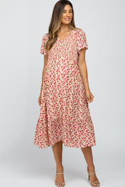 Cream Floral Smocked V-Neck Maternity Midi Dress