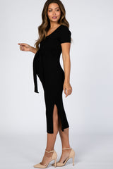 Black Ribbed Fitted Side Slit Maternity Dress