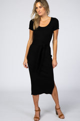 Black Ribbed Fitted Side Slit Dress