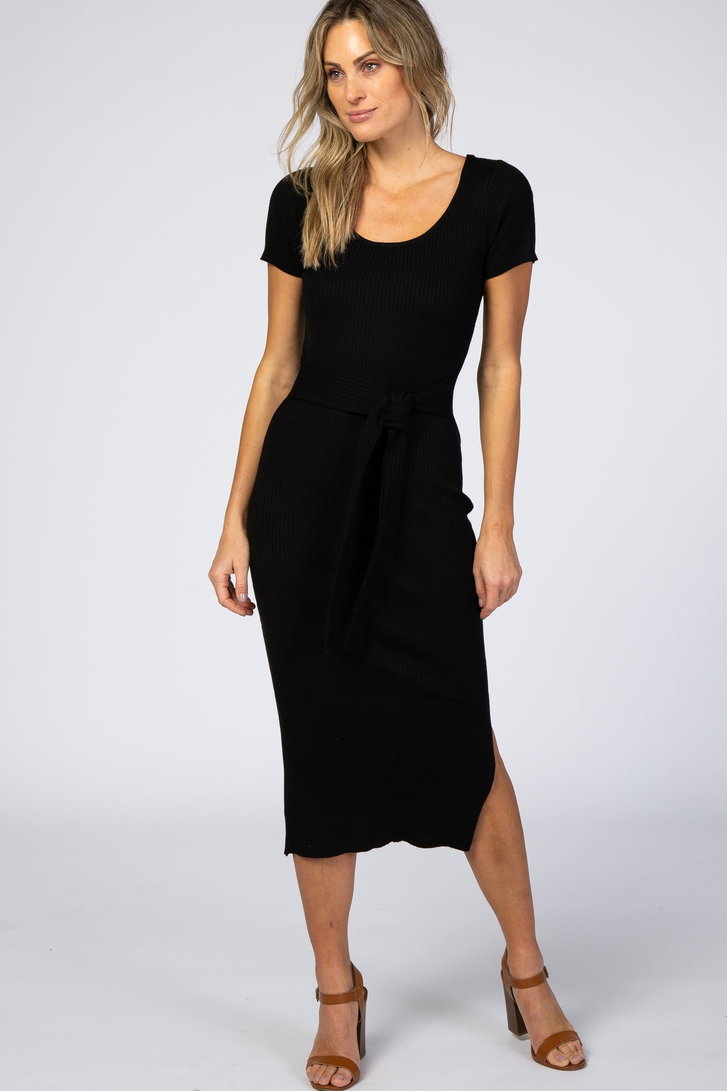 Black Ribbed Fitted Side Slit Maternity Dress– PinkBlush